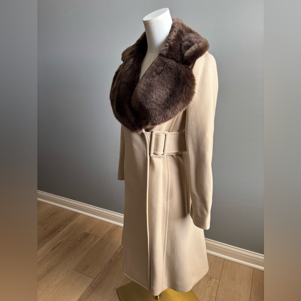 Kate Spade Briella 100% Wool Belted Coat With Faux Fur Trim - Picture 4 of 11